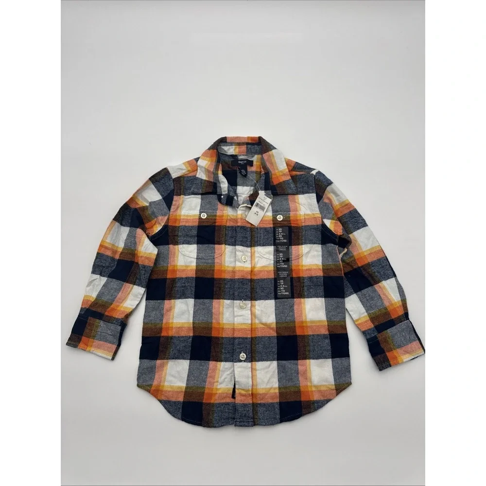 Gap Kids Plaid Cotton Flannel Shirt Orange Blue Yellow White Size XS 4-5‎ NWT